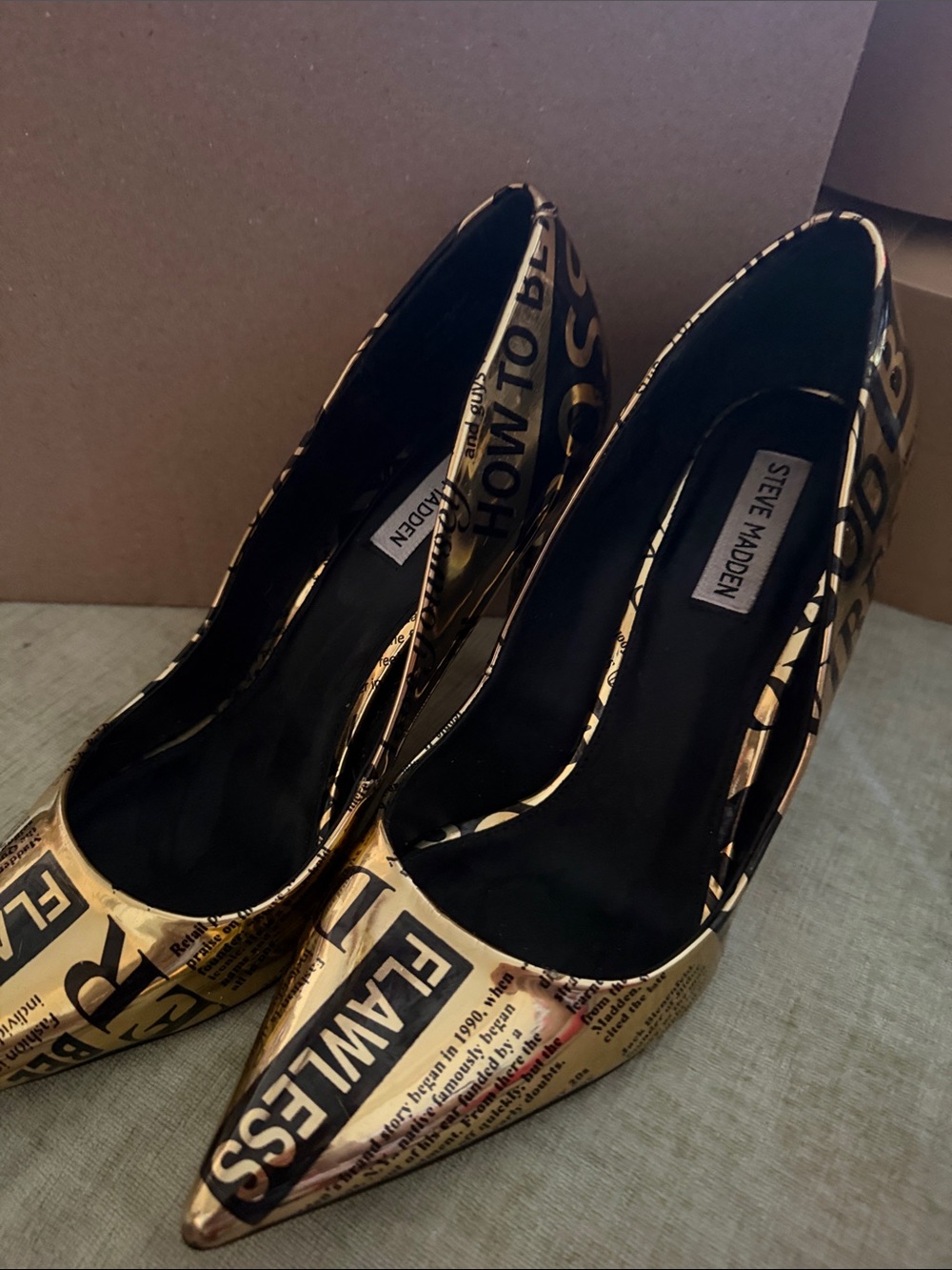 Steve Madden Vala Gold and Black Newspaper-Print Pointed-Toe Pumps